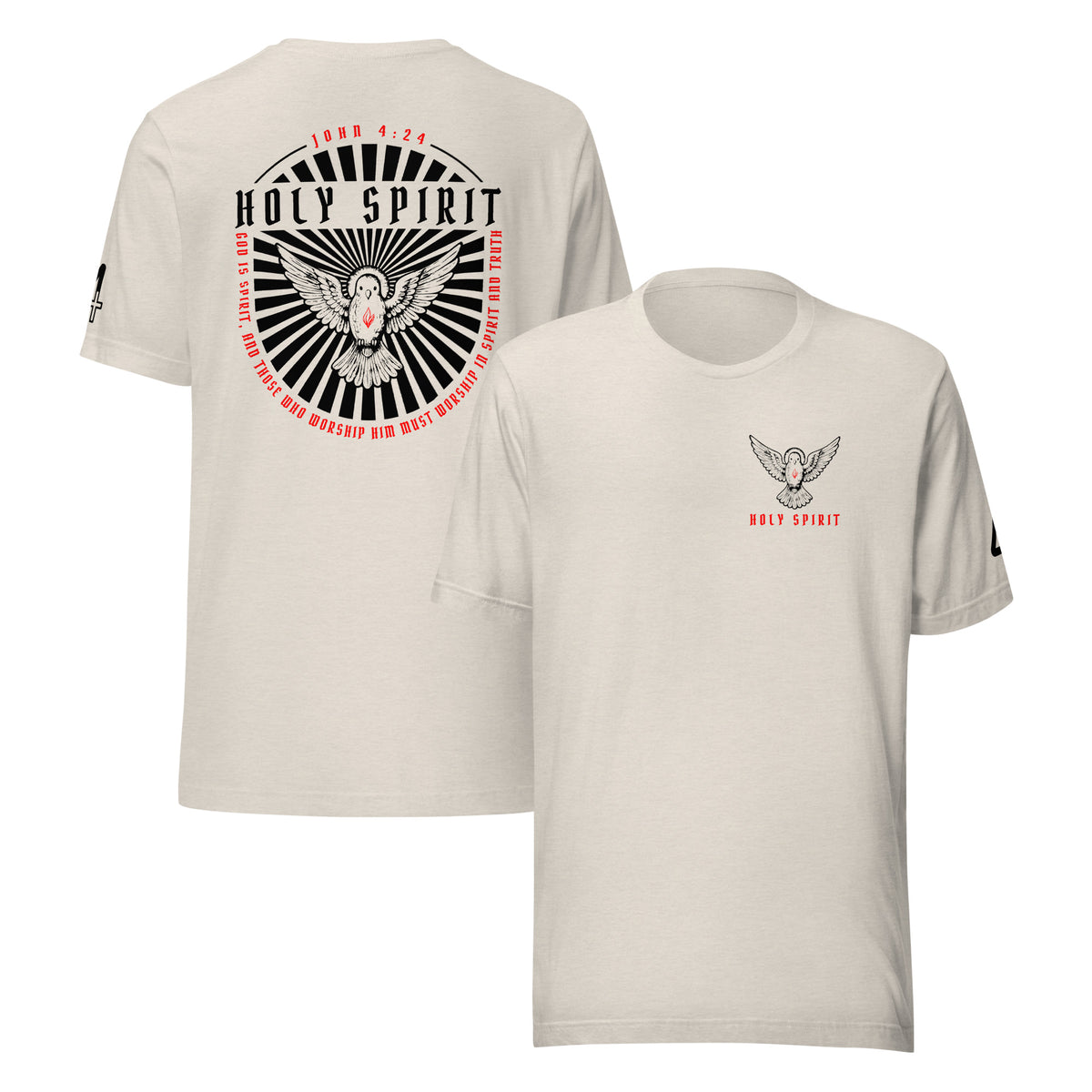 Two views of a light beige crewneck T-shirt featuring a 'Holy Spirit' graphic. The back view shows a large circular graphic with a dove, rays, and red text with the bible verse: John 4:24. The front view shows a smaller matching chest graphic. Catholic Clothing.