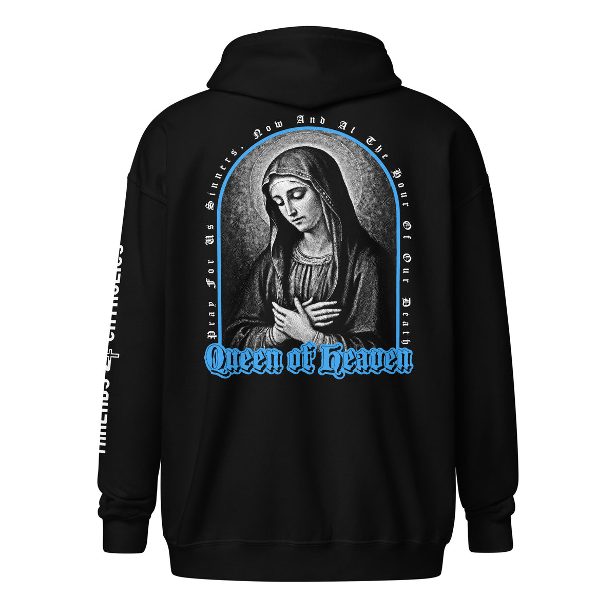 Black zip hoodie shown from the back, featuring a large graphic print of the Virgin Mary with a blue arched border and the text 'Queen of Heaven' in blue. Catholic Clothing.