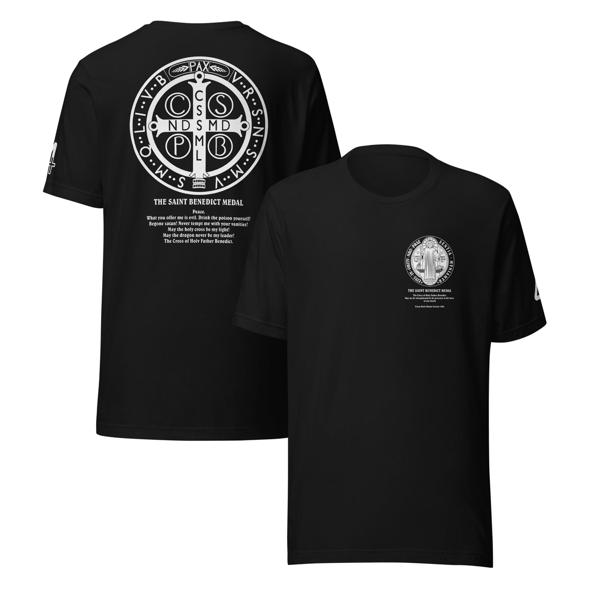 Black T-shirt with the Saint Benedict medal logo on the front and back. Catholic Clothing.