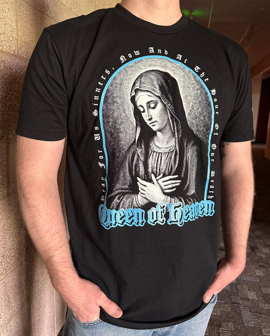 Mary, Queen of Heaven t-shirt on black tee. Threads 4 Catholics in the catholic church.