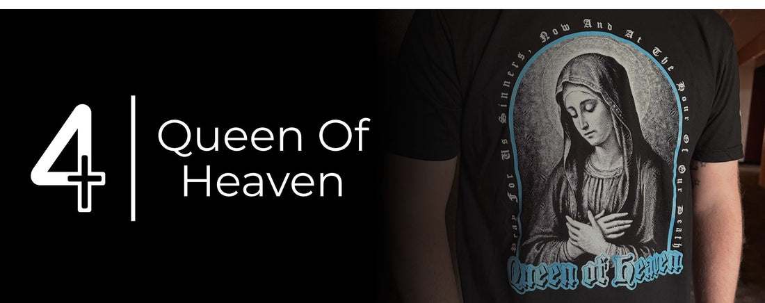 Queen of Heaven with Threads 4 Catholics Logo. Man wearing the Queen of Heaven tee.