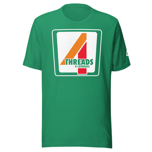 Green T-shirt with a Convenience Store logo titles Threads 4 Catholics. Catholic Clothing.