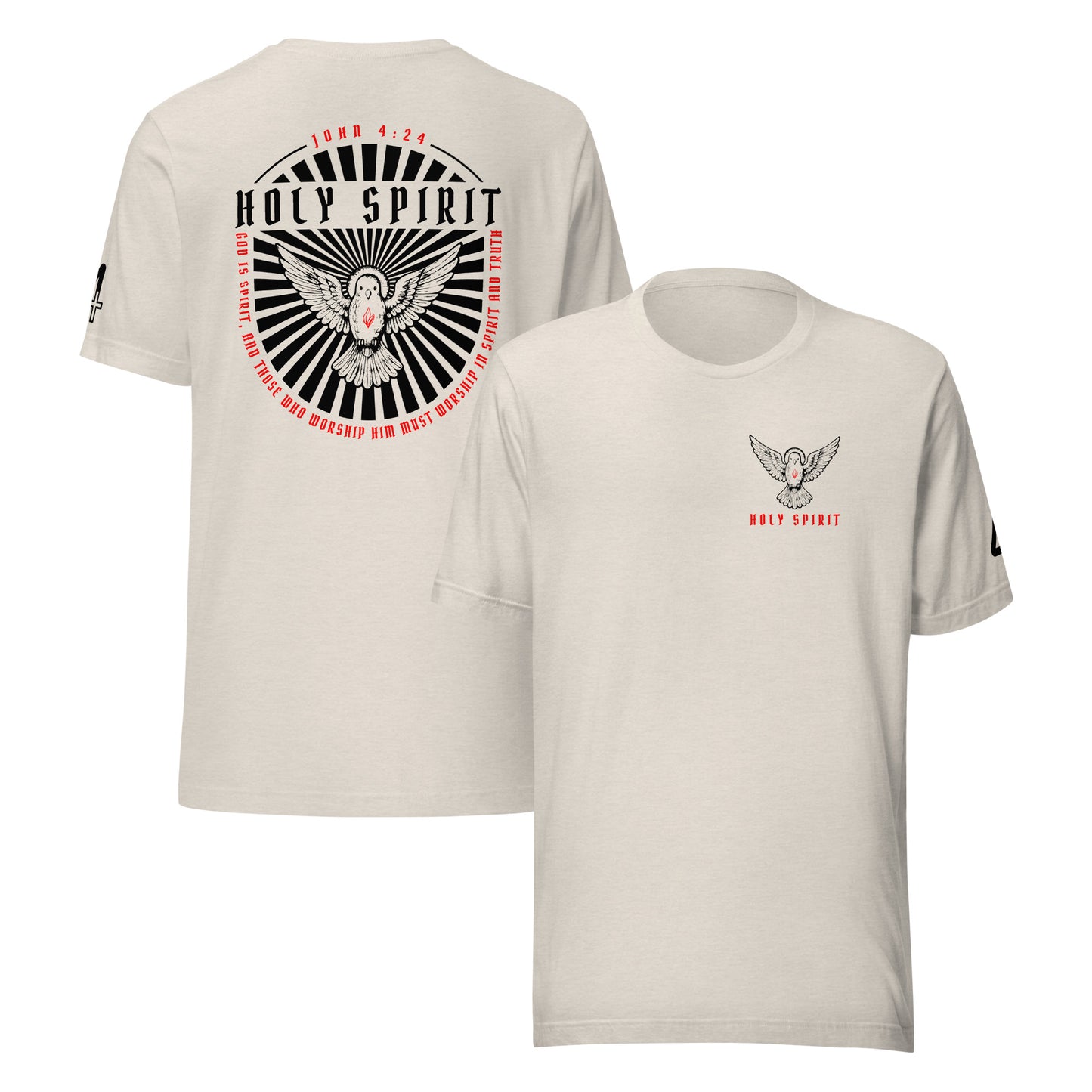 Two views of a light beige crewneck T-shirt featuring a 'Holy Spirit' graphic. The back view shows a large circular graphic with a dove, rays, and red text with the bible verse: John 4:24. The front view shows a smaller matching chest graphic. Catholic Clothing.