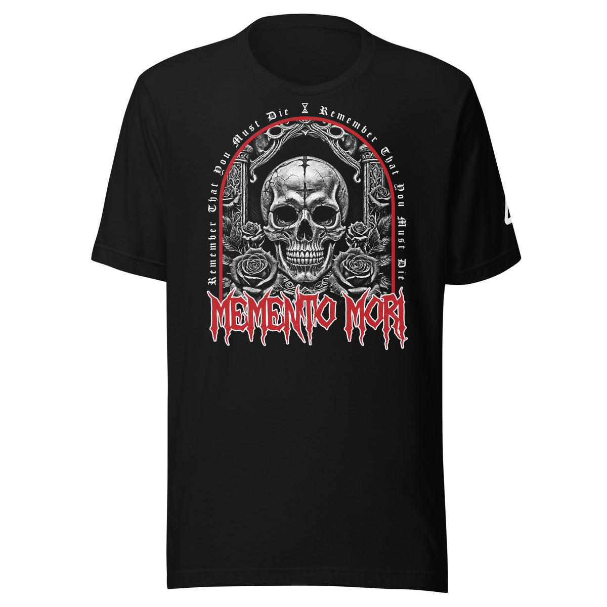 A black short-sleeve T-shirt with a large graphic on the front featuring a skull, roses, and the text 'MEMENTO MORI' in red. Catholic Clothing.