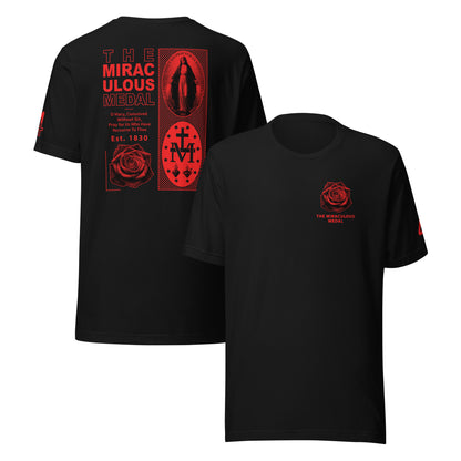 Black short-sleeve T-shirt shown from both the front and back. The front has a small red rose graphic and 'The Miraculous Medal' text on the left chest, while the back features a large red rose, and the Miraculous Medal image with the Virgin Mary—Catholic Clothing.