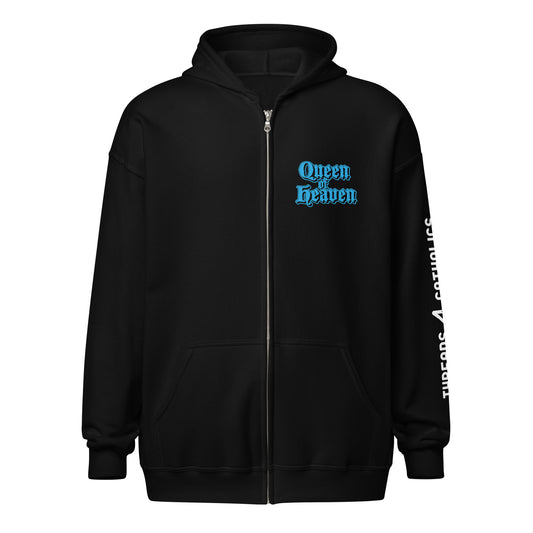 A black zip-up hoodie featuring a blue 'Queen of Heaven' graphic on the left chest. Catholic Clothing.