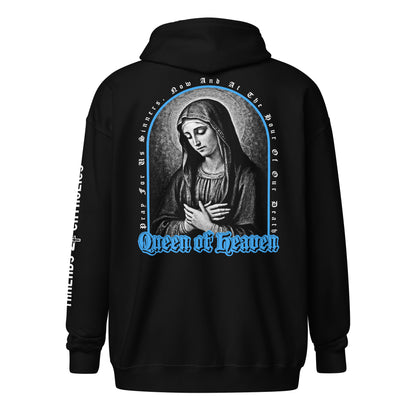 Black zip hoodie shown from the back, featuring a large graphic print of the Virgin Mary with a blue arched border and the text 'Queen of Heaven' in blue. Catholic Clothing.