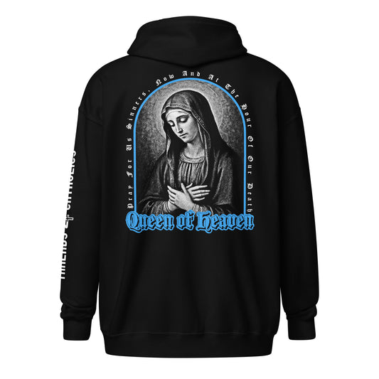 Black zip hoodie shown from the back, featuring a large graphic print of the Virgin Mary with a blue arched border and the text 'Queen of Heaven' in blue. Catholic Clothing.