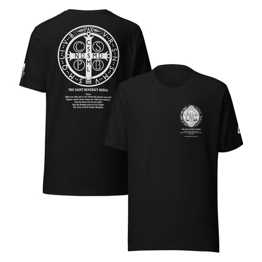 Black T-shirt with the Saint Benedict medal logo on the front and back. Catholic Clothing.