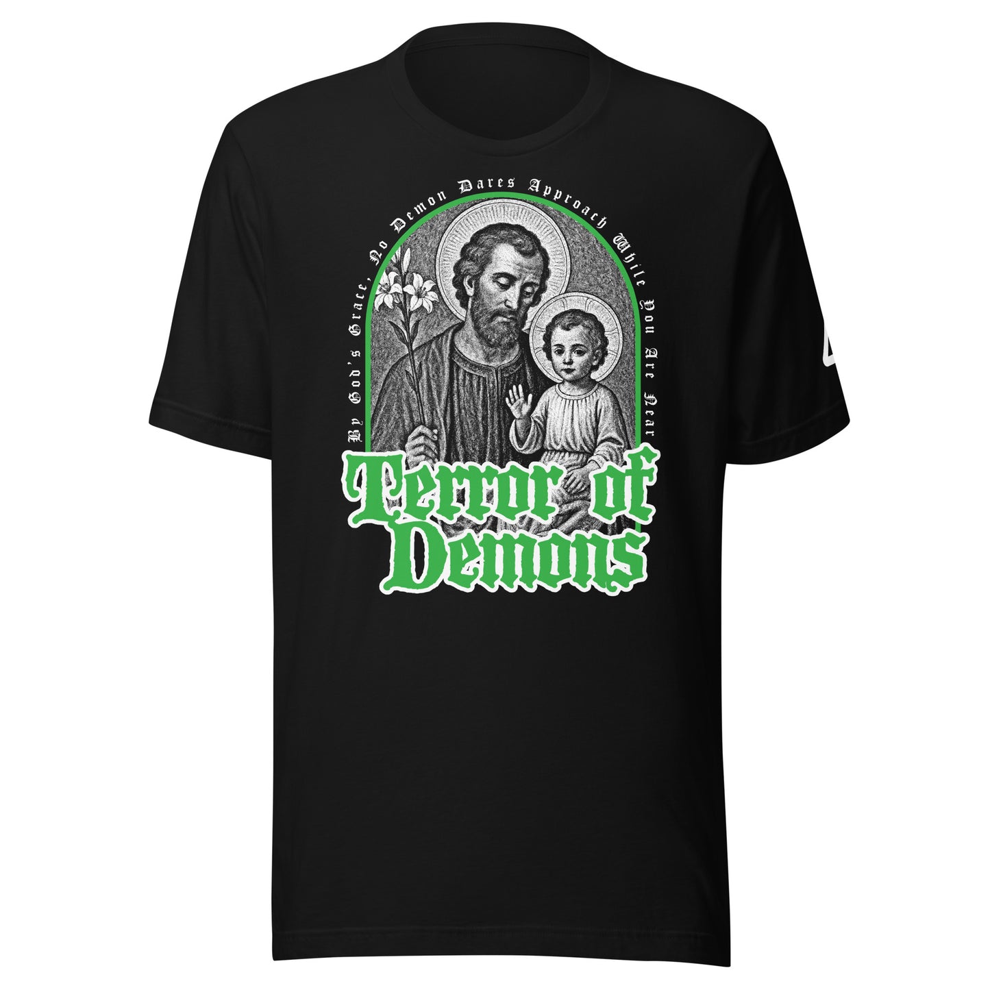 A black short-sleeve T-shirt with a large graphic print on the front. The graphic features a circular religious icon of Saint Joseph and the Child Jesus in grayscale, with the text 'Terror of Demons' in a stylized green font below it. Catholic Clothing.