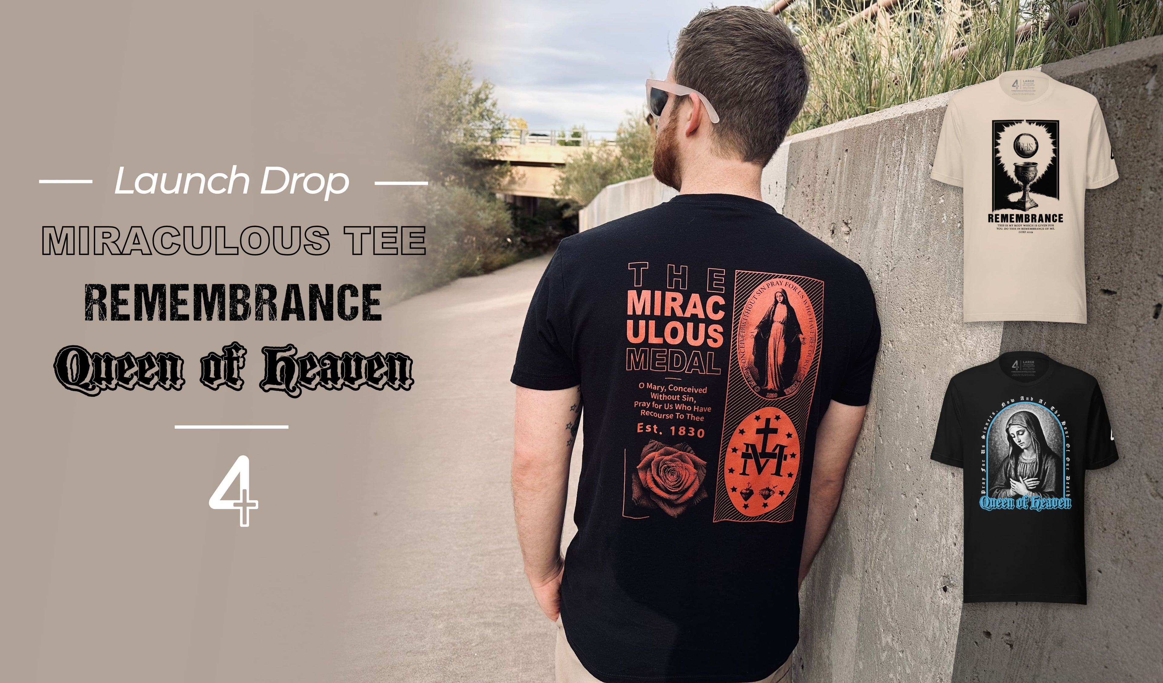 Threads 4 Catholics Launch Drop Banner with the Miraculous Medal tee, Remembrance Eucharist tee, and The Queen of Heaven Tee. 