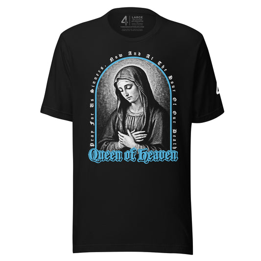 Mary, Queen of Heaven t-shirt on black tee. Threads 4 Catholics.