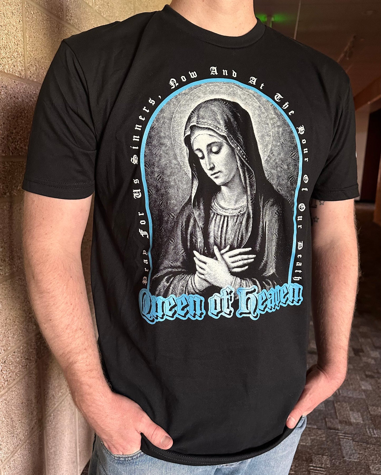 Mary, Queen of Heaven t-shirt on black tee. Threads 4 Catholics in the catholic church.
