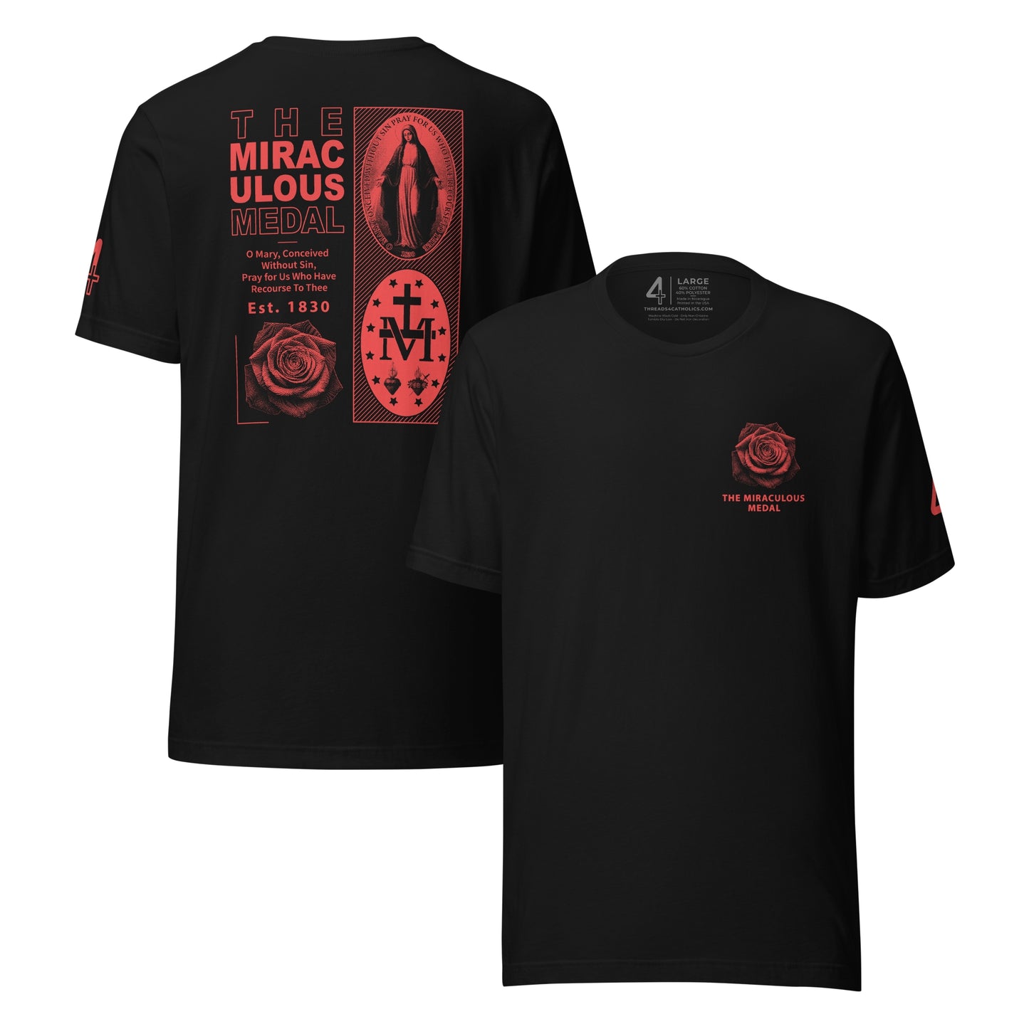 The front and back of The Miraculous Medal T-shirt in red on a black shirt.