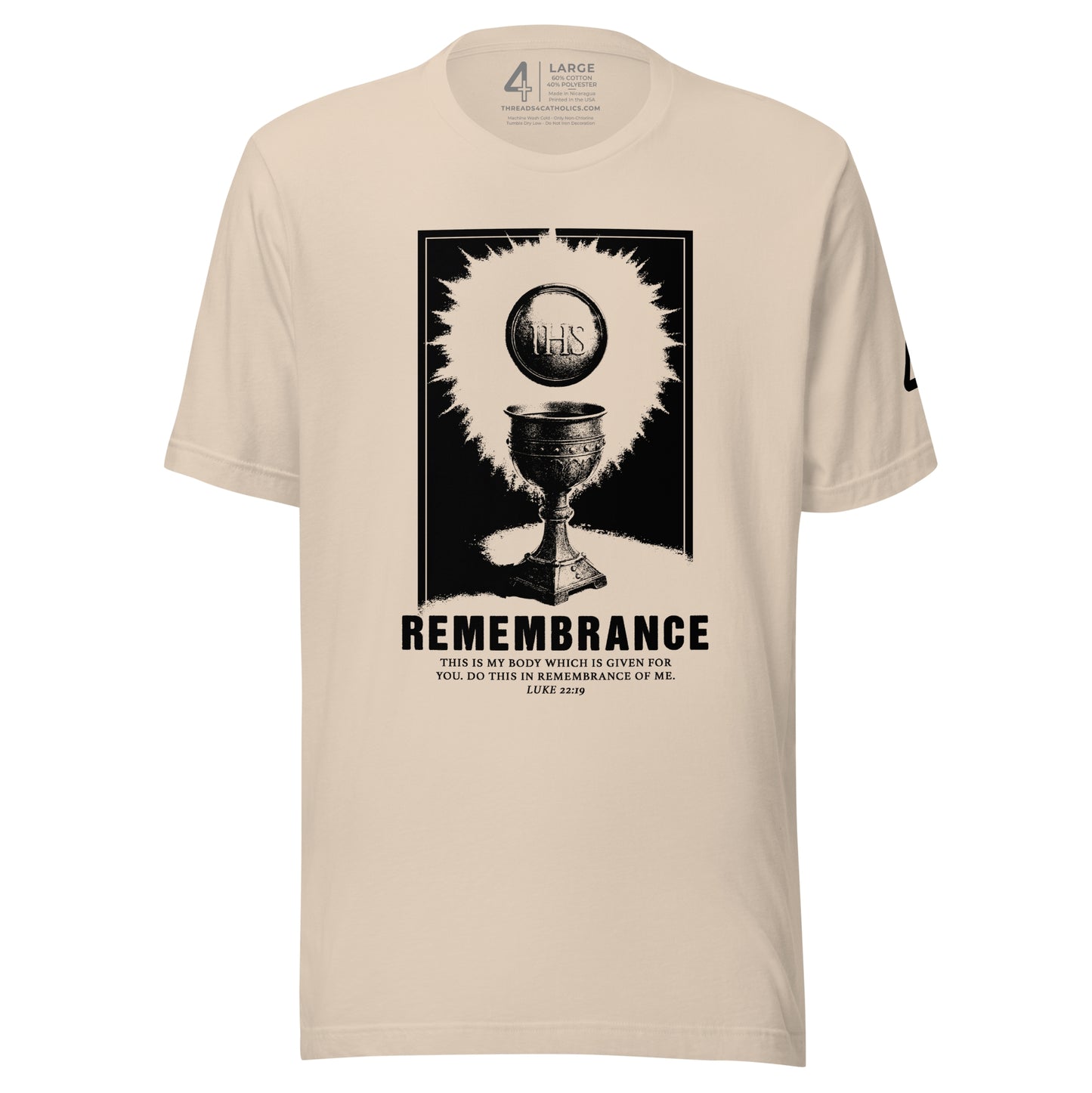 Remembrance Eucharist t-shirt on a cream colored tee.