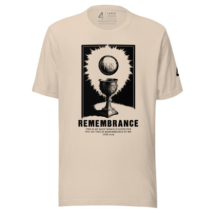 Remembrance Eucharist t-shirt on a cream colored tee.
